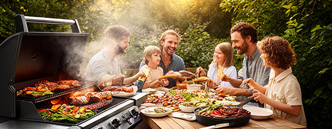緑豊かな屋外テーブルで炭火グリルを囲み、家族が焼きたての料理を楽しむ様子